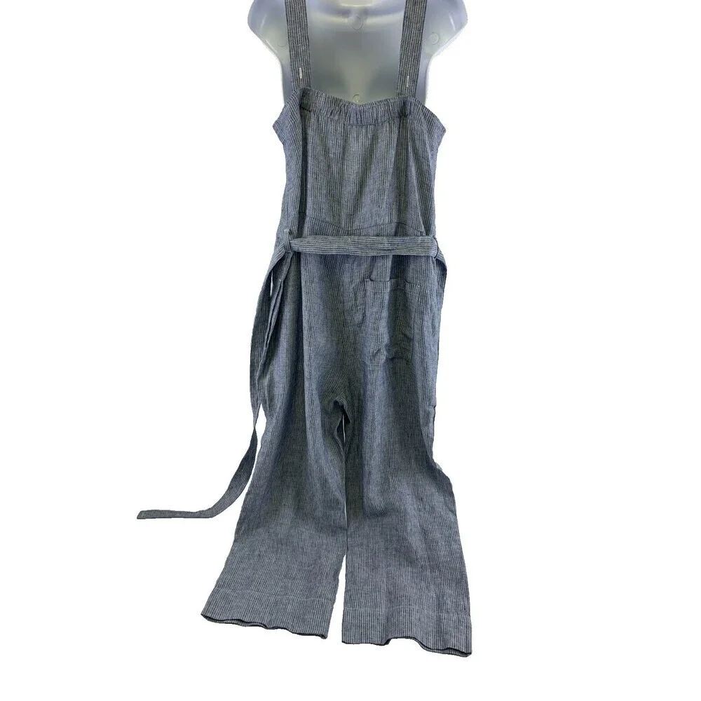 Everlane Linen Picnic Jumpsuit Blue Pinstriped Button Belted Adjustable Womens 6